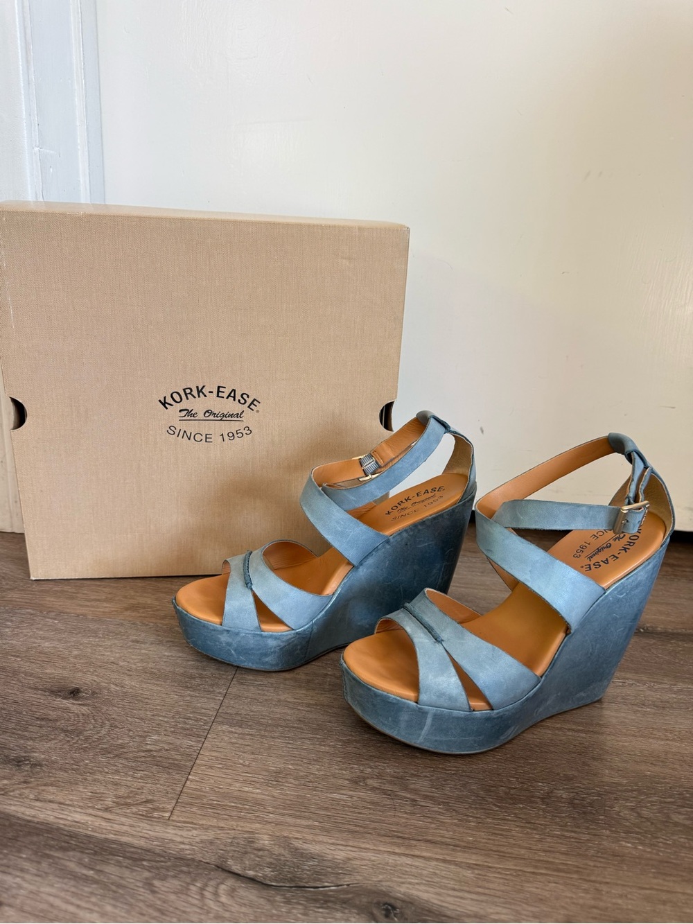 Kork-Ease Steel Blue Suede Platform Wedge Sandals NIB